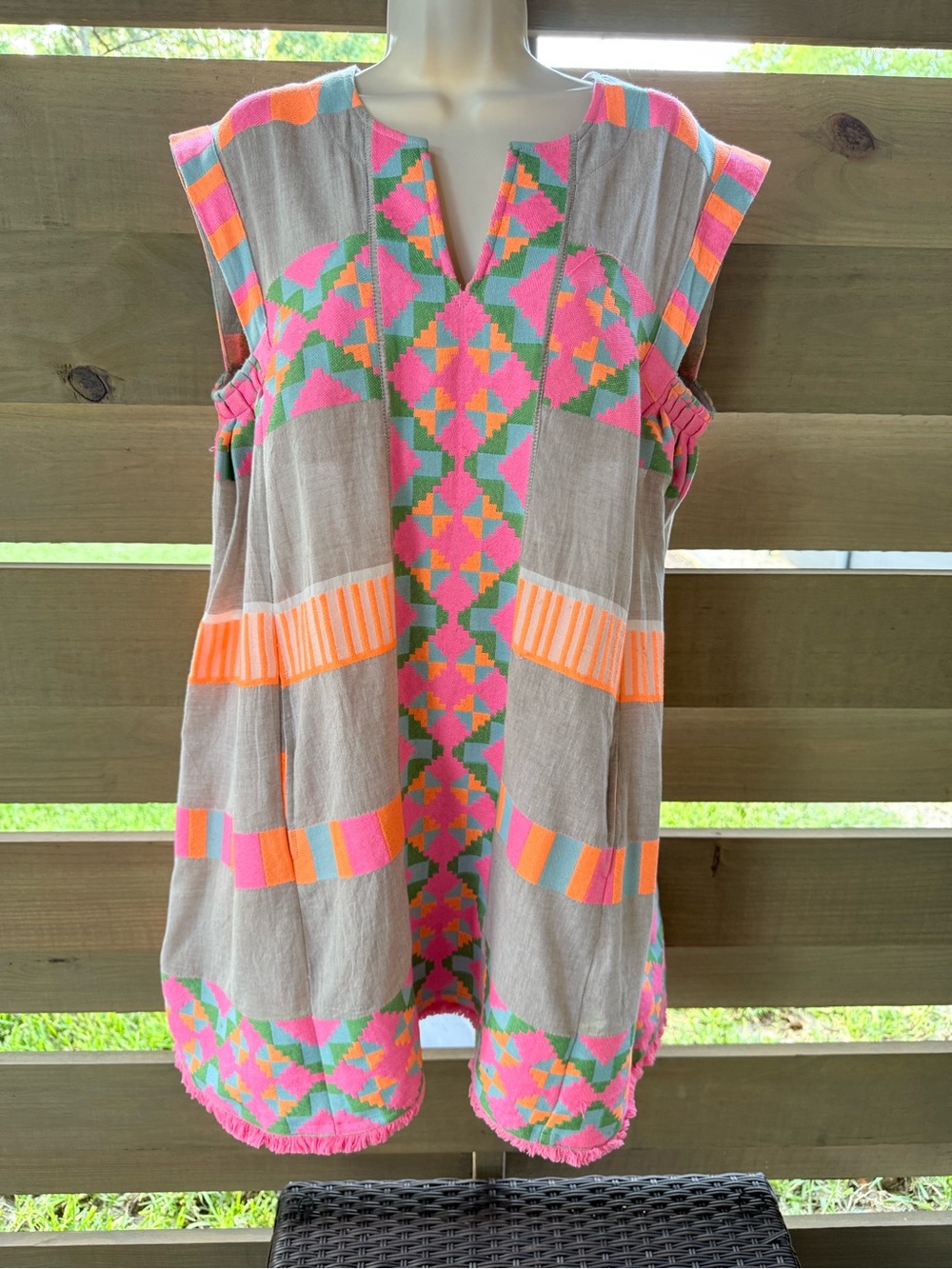 Uncle Frank Beige dress with Neon Pink, Orange & Green Geometric Embroidery